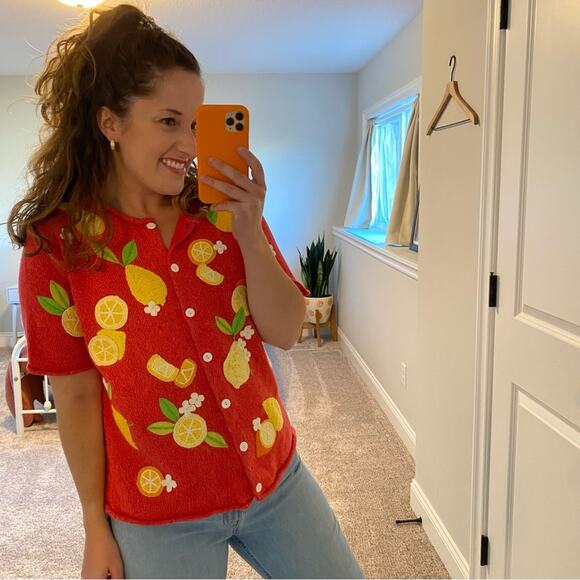 Vintage Y2K Susan Bristol Lemon Fruit Cotton Sweater Large - Picture 2 of 15